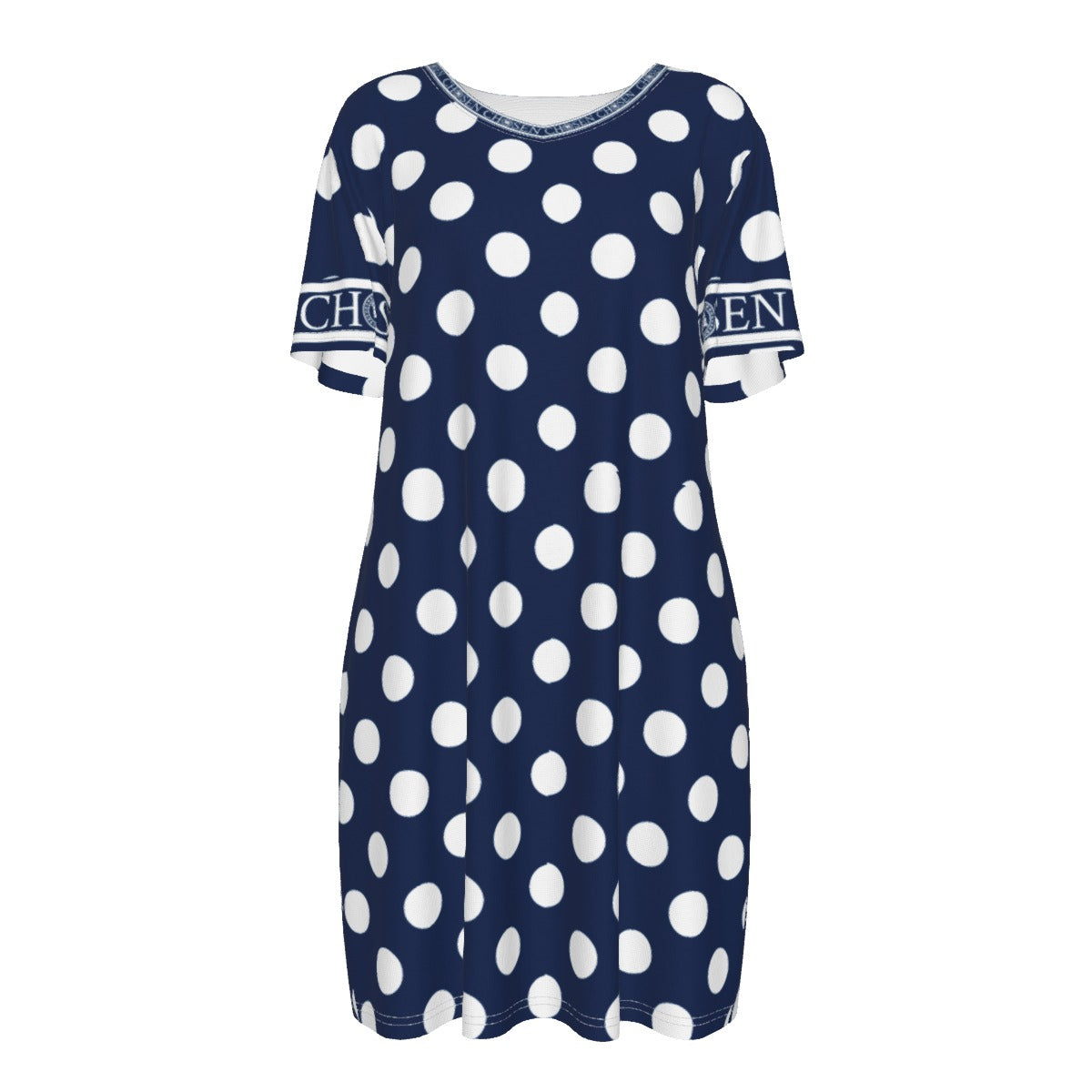 Chosen Navy Blue Poka Dot Women's Short Sleeve Waist Dress | Cotton