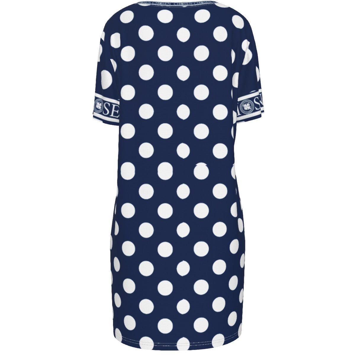 Chosen Navy Blue Poka Dot Women's Short Sleeve Waist Dress | Cotton