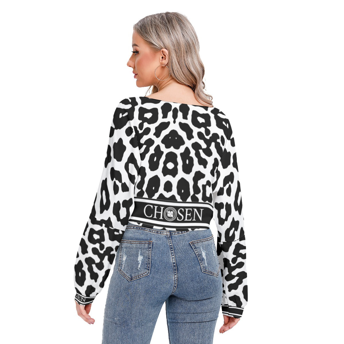 Chosen White Leopard Drop-shoulder Cropped Long Sleeve