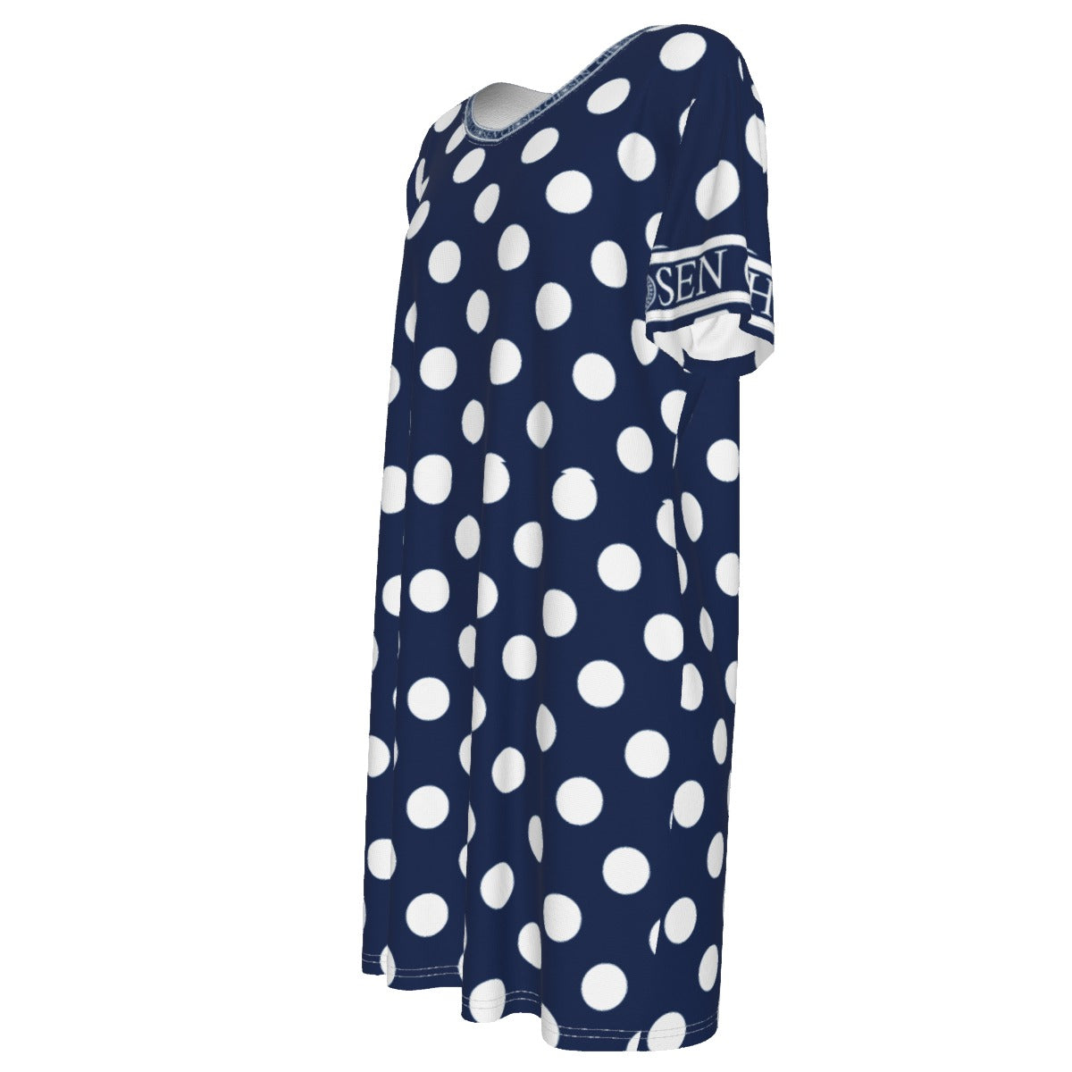 Chosen Navy Blue Poka Dot Women's Short Sleeve Waist Dress | Cotton