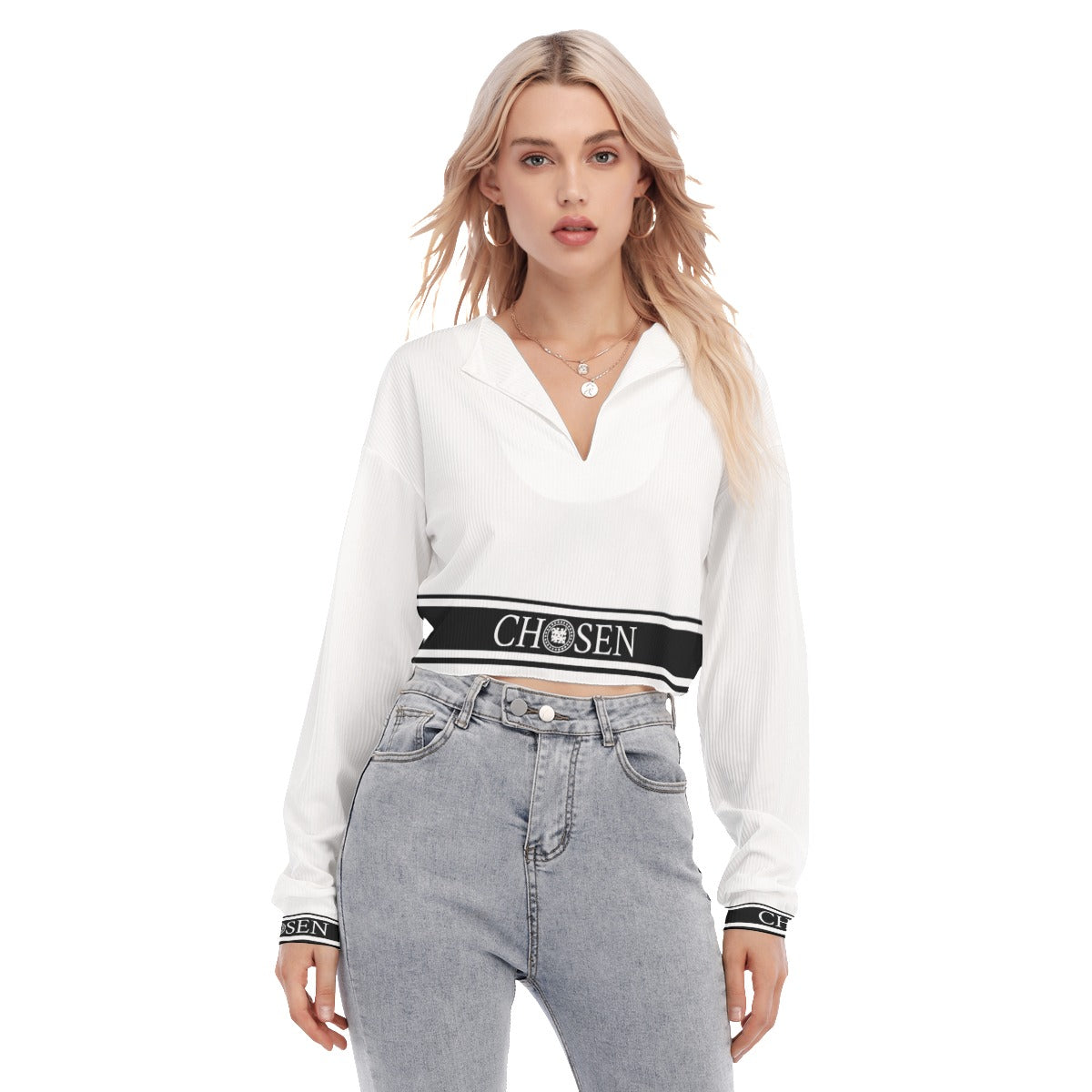 Chosen White V-neck Cropped Long Sleeve