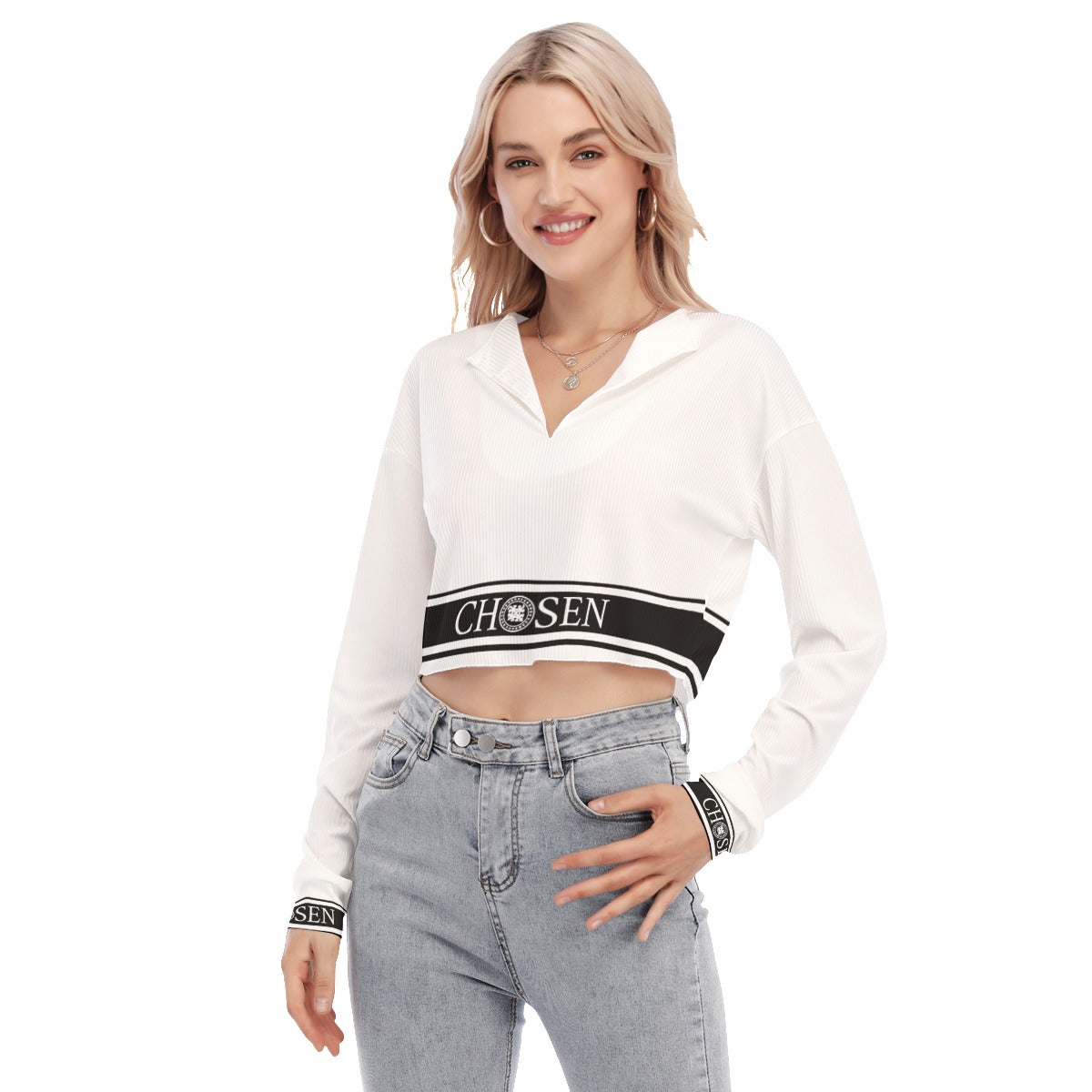 Chosen White V-neck Cropped Long Sleeve