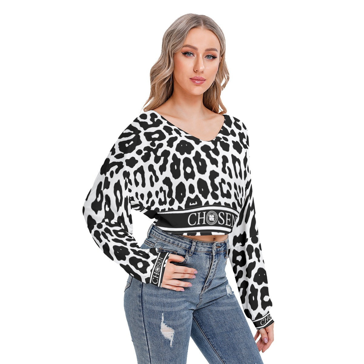 Chosen White Leopard Drop-shoulder Cropped Long Sleeve