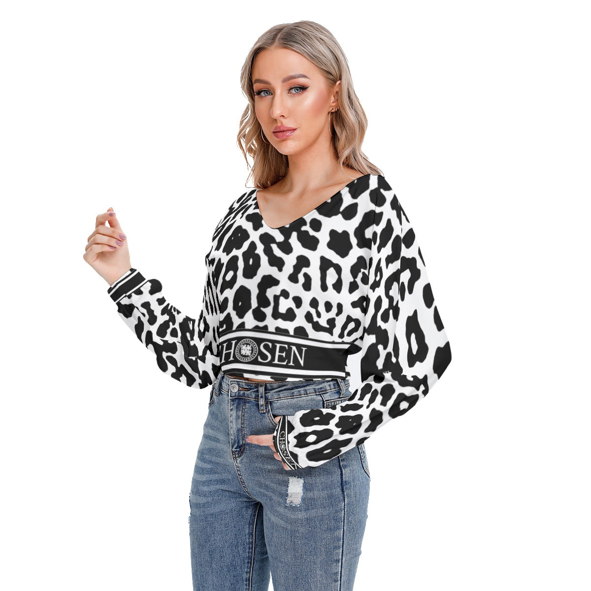 Chosen White Leopard Drop-shoulder Cropped Long Sleeve