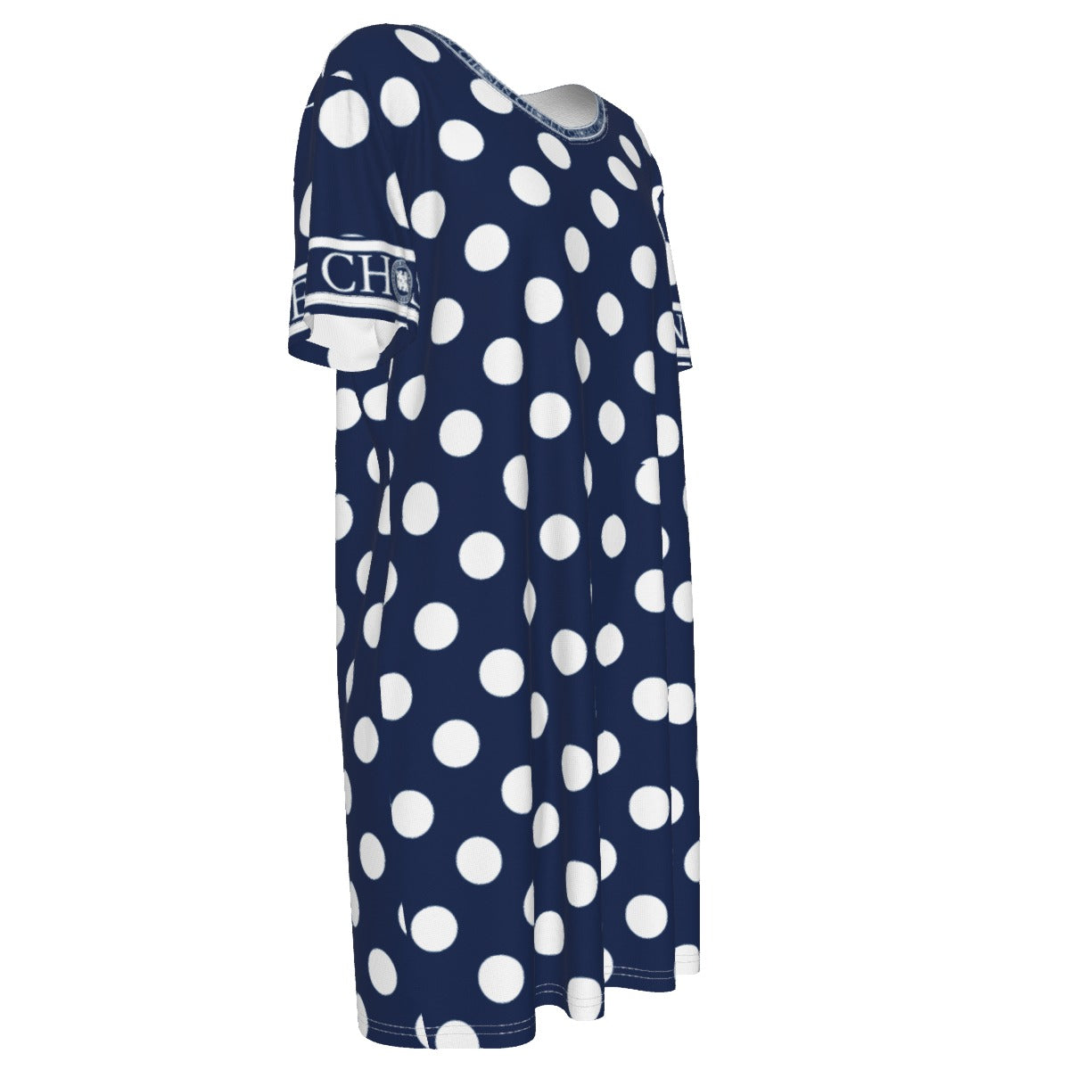 Chosen Navy Blue Poka Dot Women's Short Sleeve Waist Dress | Cotton