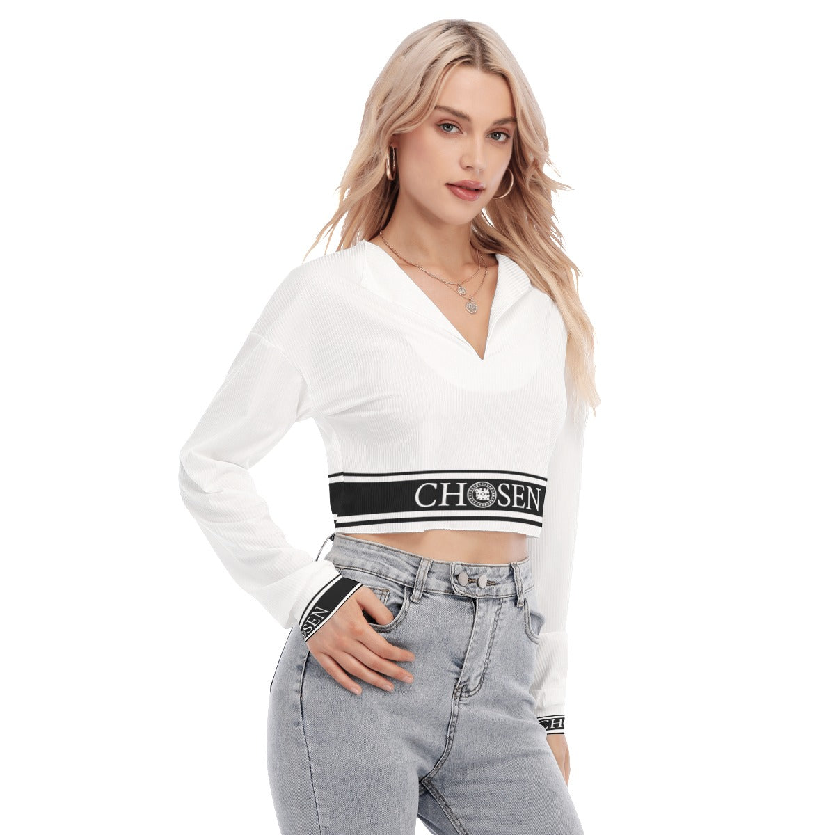 Chosen White V-neck Cropped Long Sleeve